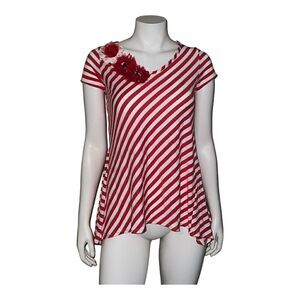 Monamie USA Red & White Striped T-Shirt Floral Embellishment Vintage Small EUC